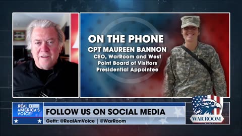A video call image featuring Steve Bannon on the left and Captain Maureen Bannon, dressed in military uniform, on the right. Text overlay indicates the call context and the identities of the individuals.